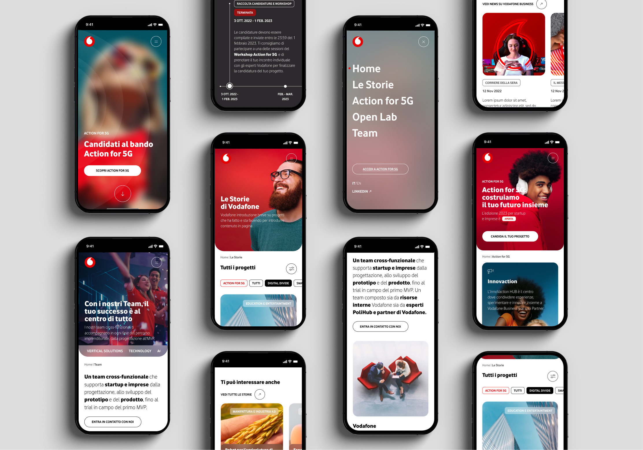 Le schermate del sito Open Innovation su mobile: home, storie, team, menu e news